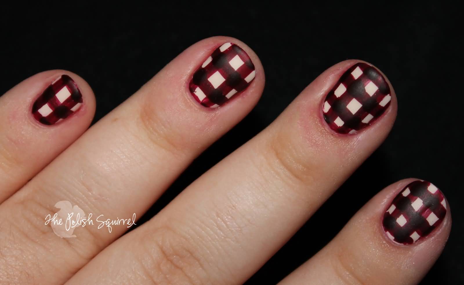 Black And Dark Red Gingham Nail Art For Short Nails