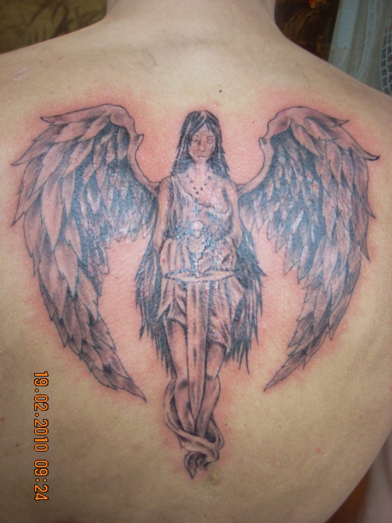 Black And Grey Guardian Angel Tattoo On Upper Back