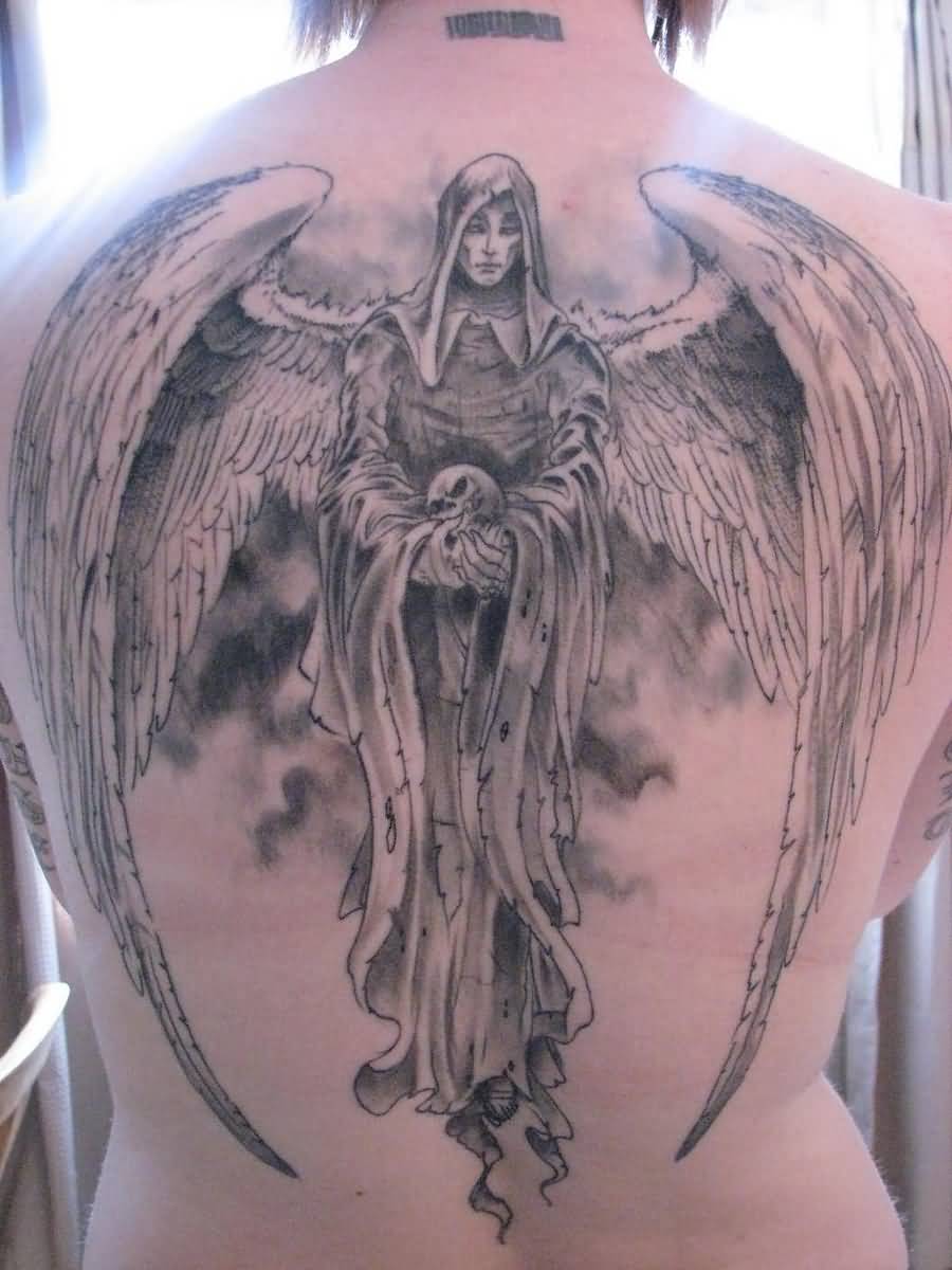 Black And Grey Hooded Angel Tattoo On Full Back