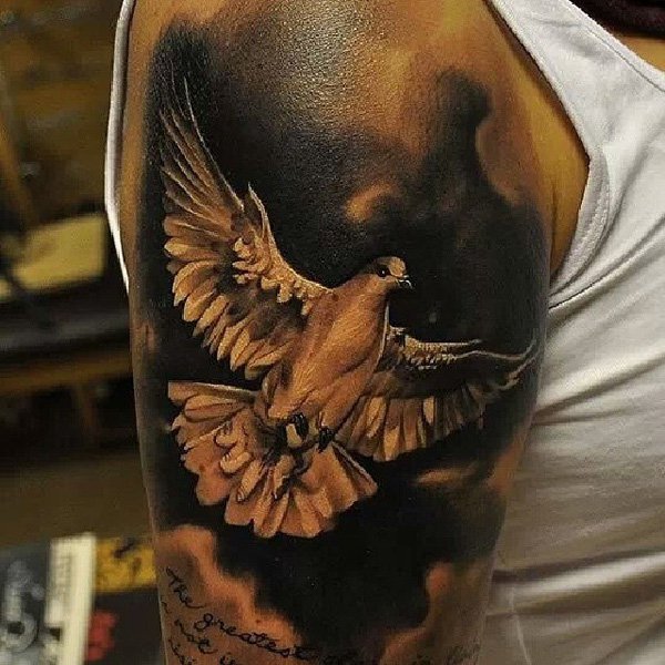 Black And Grey Ink Dove Tattoo On Man Right Half Sleeve