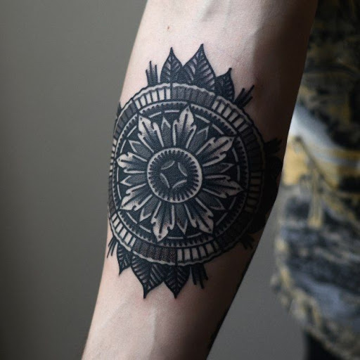 Black And Grey Mandala Tattoo On Forearm