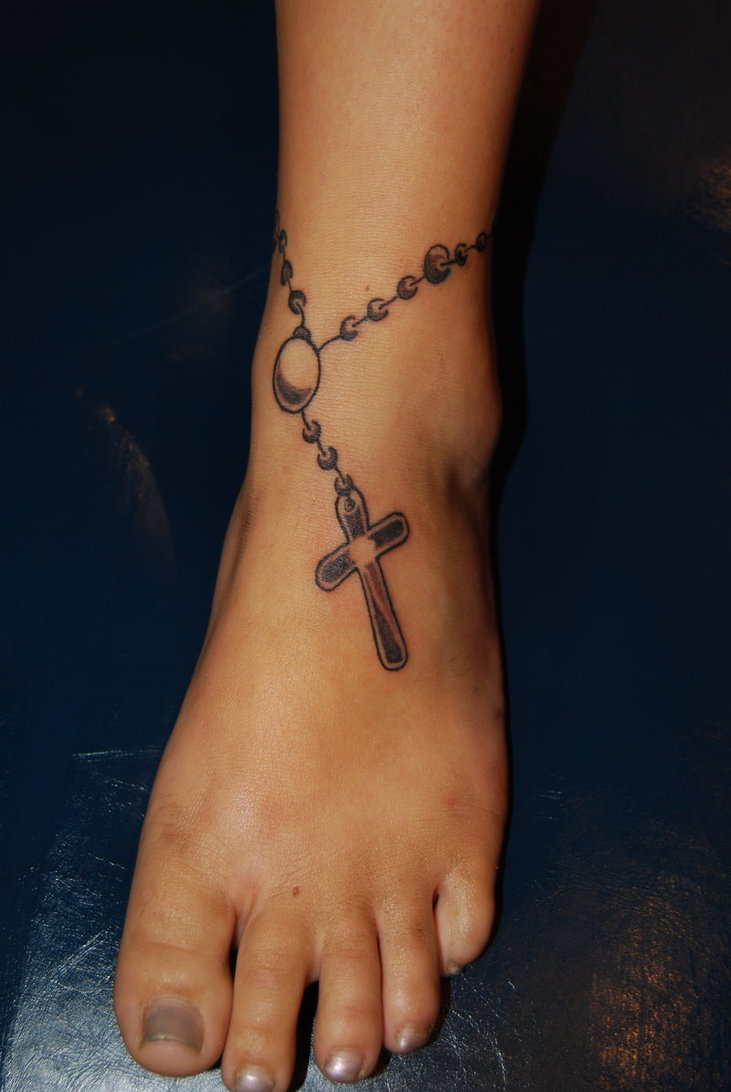 Black And Grey Rosary Foot Tattoo For Girls