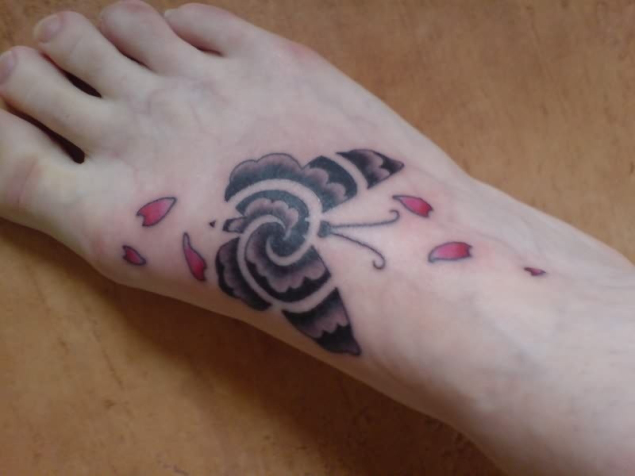 Black And Grey Spiral Butterfly Foot Tattoo
