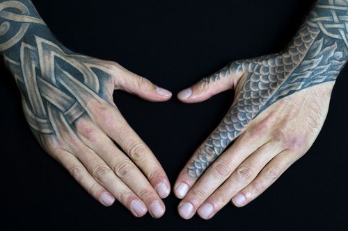 Black And Grey Tribal Hands Tattoos For Couple