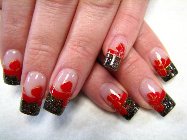 Black And Red Glitter Tip With Red Bow Design Nail Art