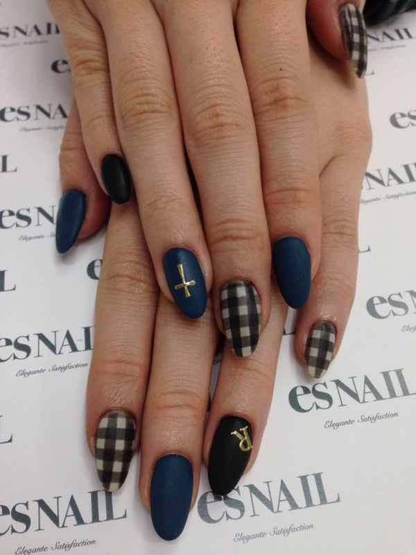 Black And White Gingham Nail Art With Accent Matte Blue And Black Nail Art