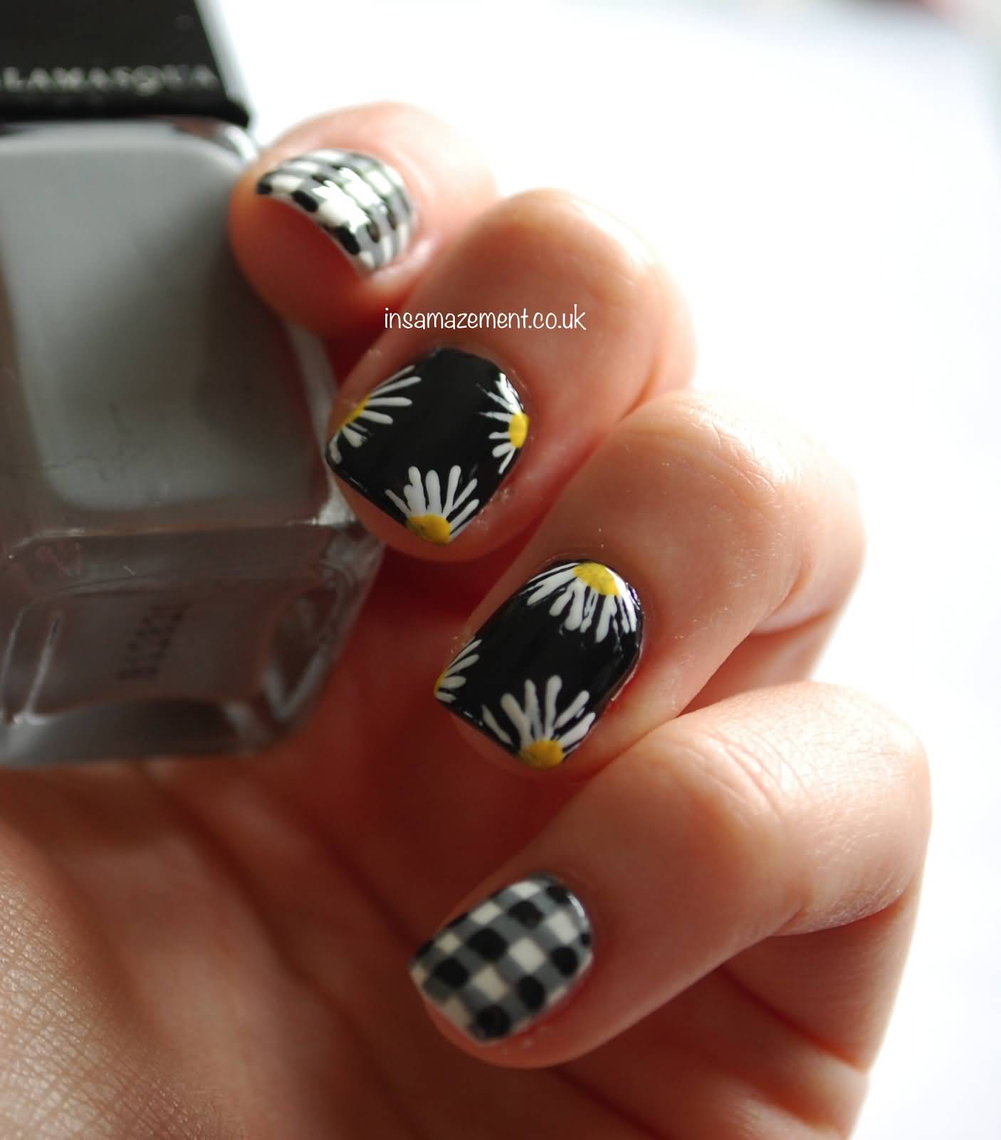 Black And White Gingham Nail Art With Floral Design