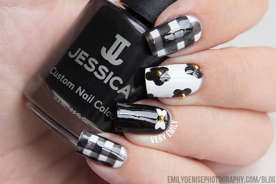 Black And White Gingham Nail Art With Gold Studs Design