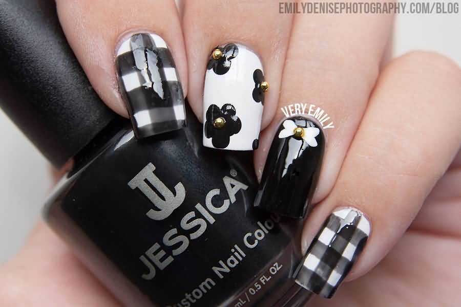 Black And White Gingham Nail Art With Gold Studs Floral Design Nail Art