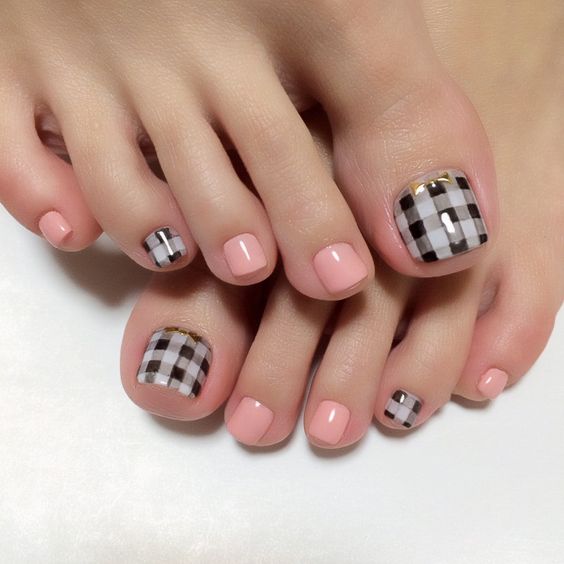 Black And White Gingham Nail Art With Pink Toe Nail Design