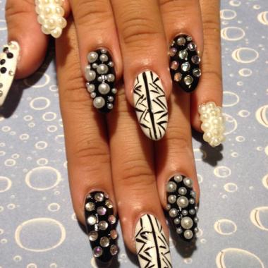 Black And White Nails With Pearls Nail Art Design
