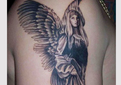 Black Angel Tattoo On Man Right Shoulder