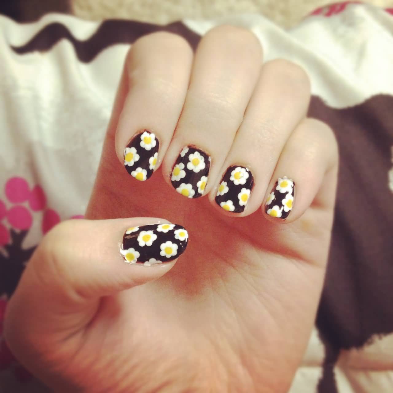 Black Base Nails And White Spring Flowers Nail Art