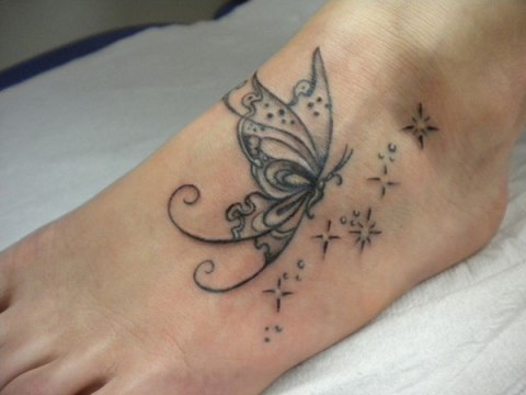 Black Butterfly Stars Tattoo On Foot