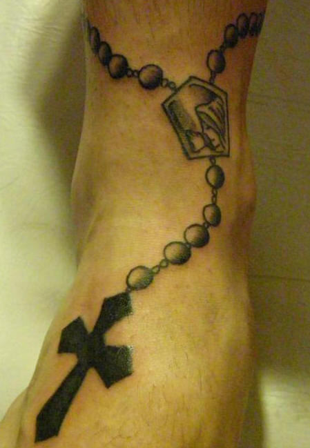 Black Cross Rosary Tattoo On Foot And Ankle