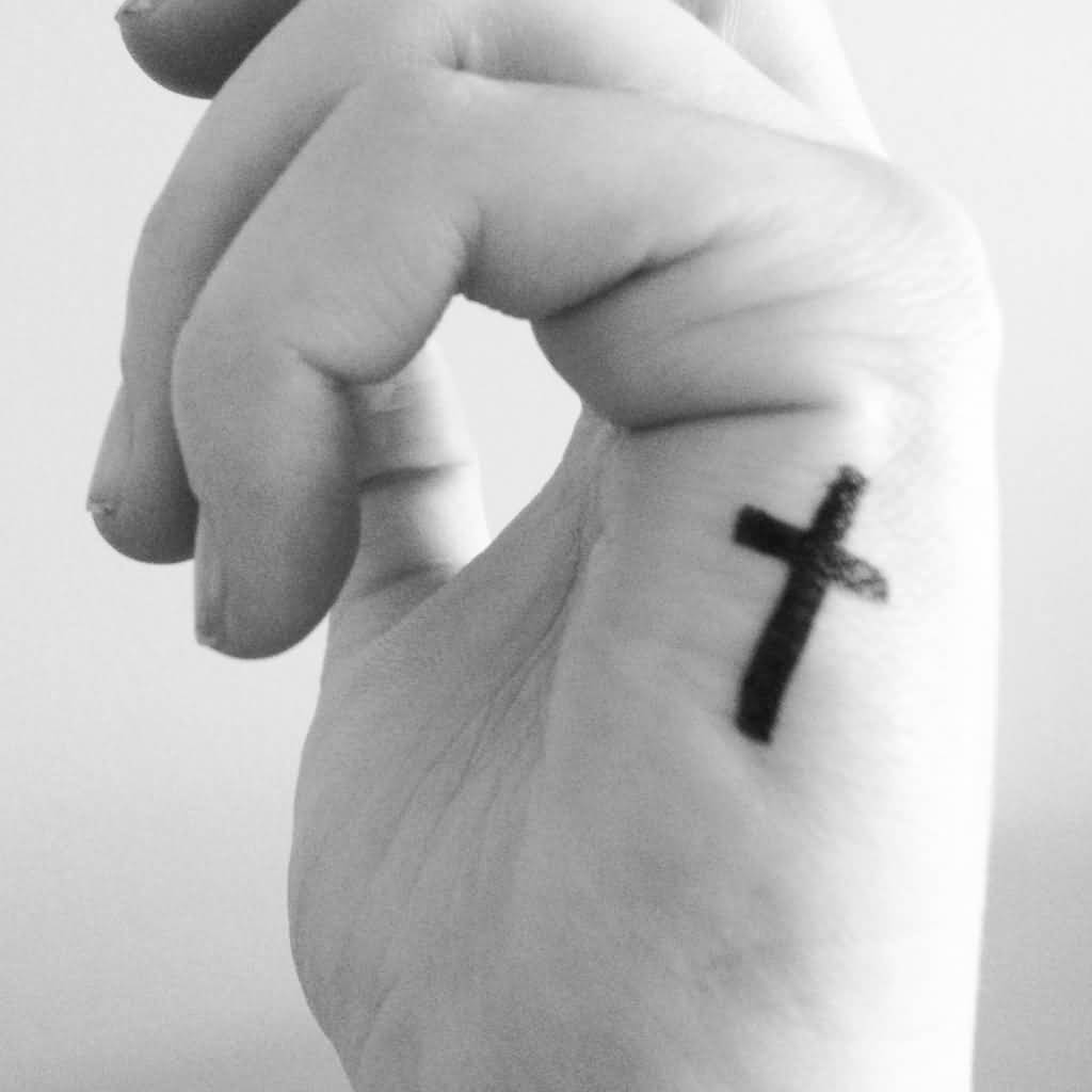Black Cross Tattoo On Side Hand For Men