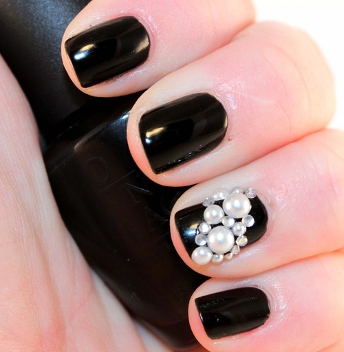 Black Glossy Nails With Accent Pearls Design Nail Art