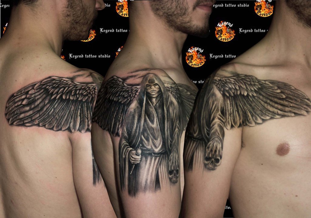 Black Guardian Angel Tattoo On Man Shoulder