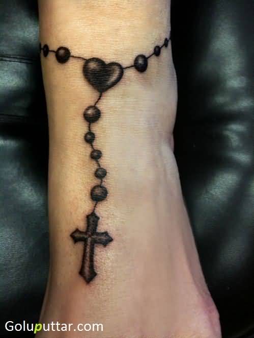 Black Heart Cross Bracelet Tattoo On Ankle