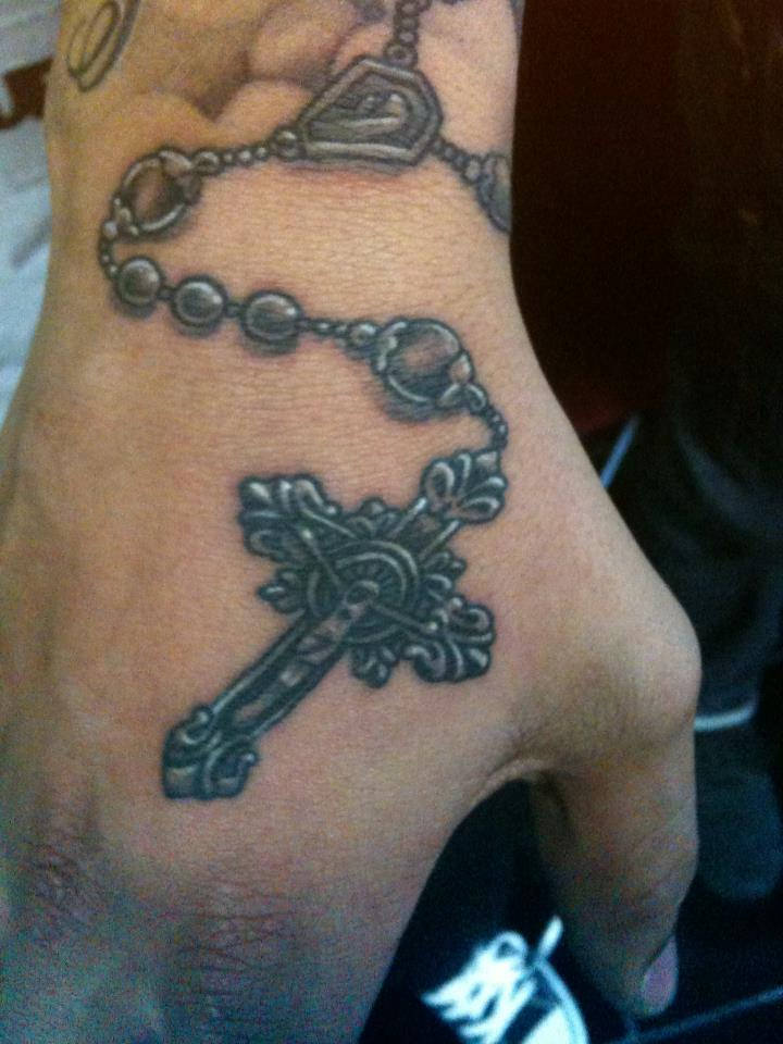 Black Holy Rosary Tattoo On Hand For Men
