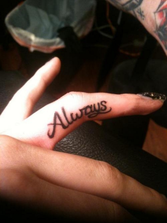 Black Ink Always Word Tattoo On Finger For Girls