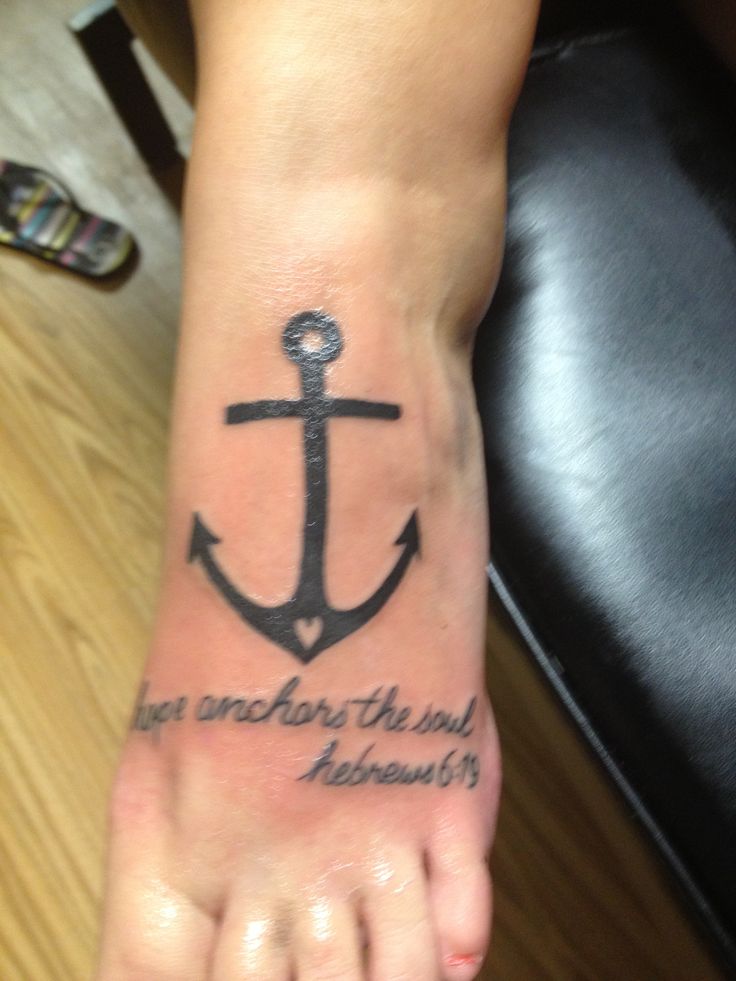 Black Ink Anchor Wording Tattoo On Foot