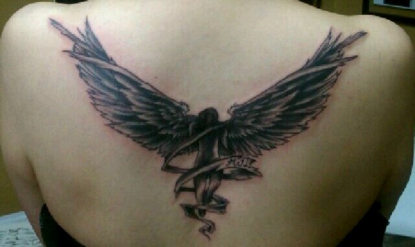 Black Ink Angel Tattoo On Upper Back