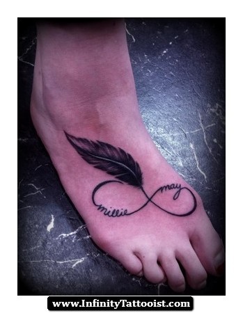 Black Ink Infinity Names Feather Tattoo On Foot