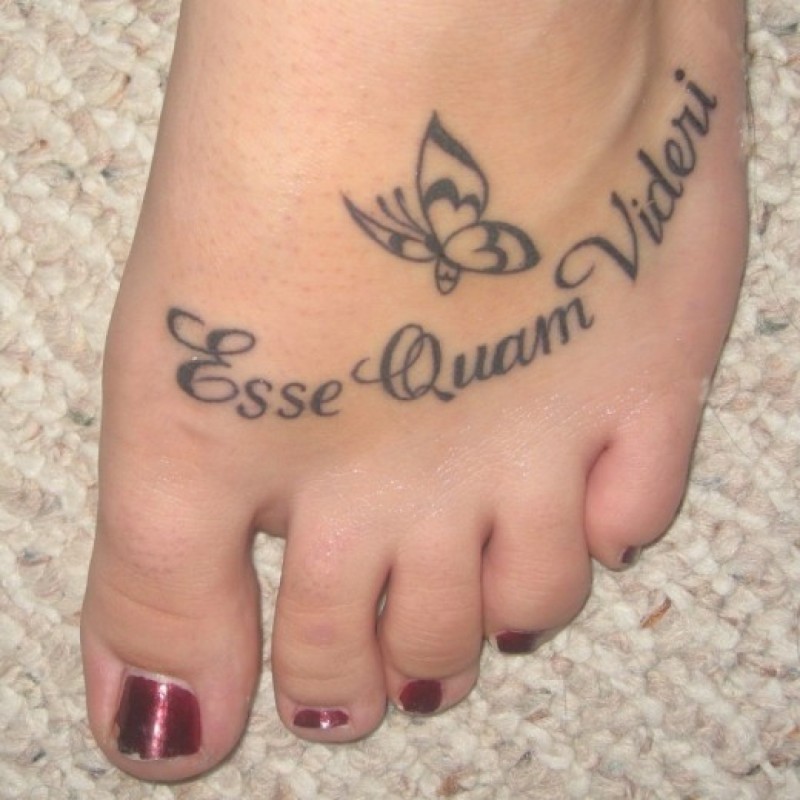 Black Ink Lettering Butterfly Tattoo On Girl Foot