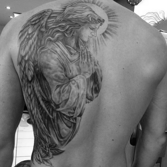 Black Ink Praying Angel Tattoo On Back