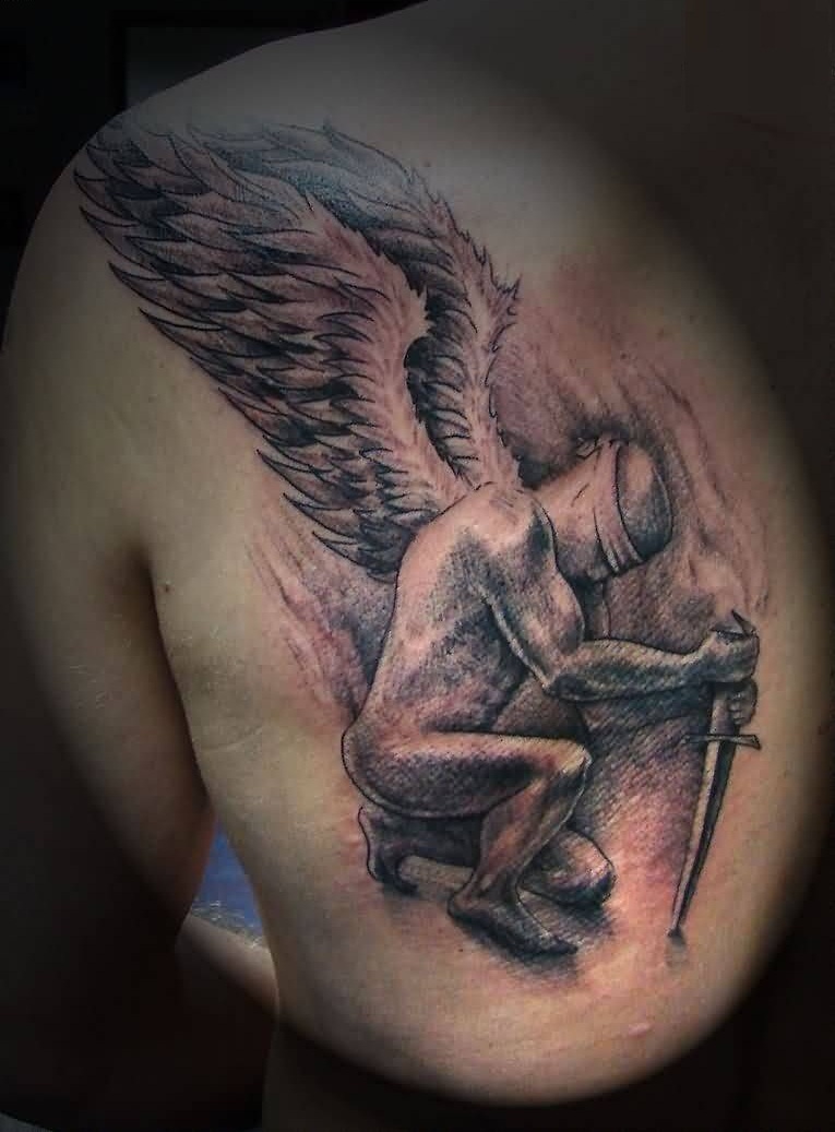 Black Justice Angel Tattoo On Back Shoulder
