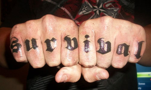 Black Knuckle Survival Tattoo On Both Hands