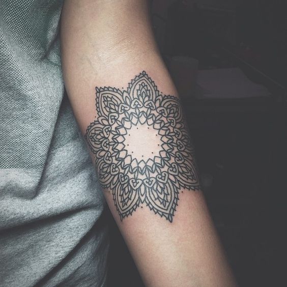 Black Mandala Flower Tattoo On Forearm