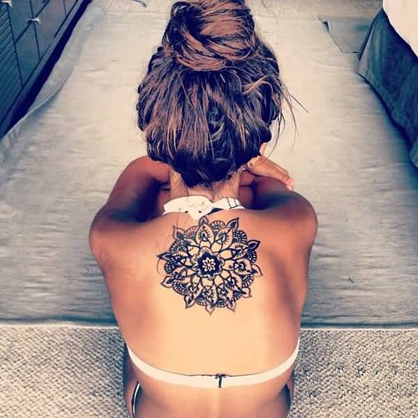 Black Mandala Flower Tattoo On Girl Upper Back