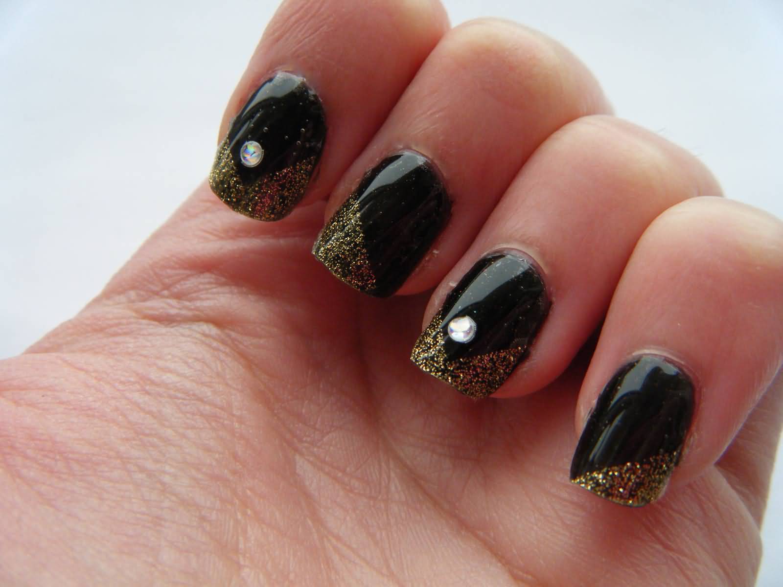 Black Nails With Gold French Tip Glitter Gel Nail Art
