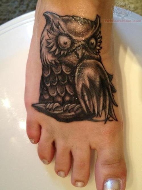 Black Owl Tattoo On Right Foot