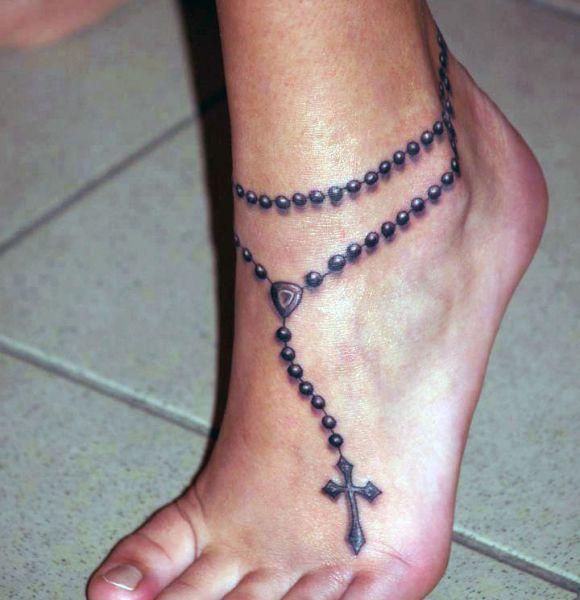 Black Realistic Rosary Tattoo On Foot