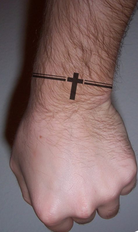 Black Religious Cross Tattoo On Wrist For Men