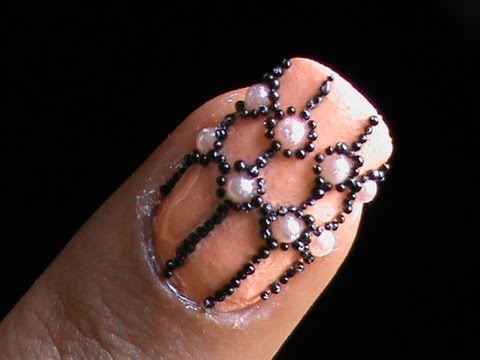 Black Rhinestones Lace Design And White Pearls Nail Art With Tutorial Video
