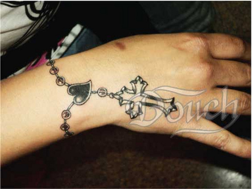 Black Rosary Heart Tattoo On Wrist