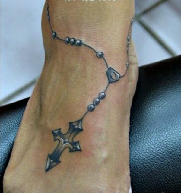 Black Rosary Tattoo On Foot And Ankle