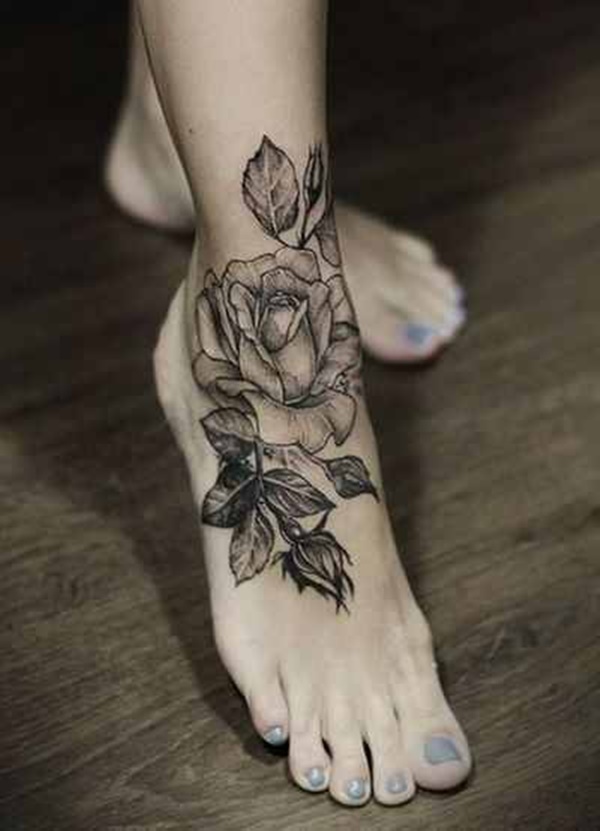 Black Rose Flower Tattoo On Foot