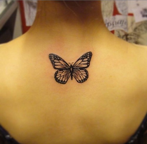 Black Upper Back Butterfly Tattoo For Women