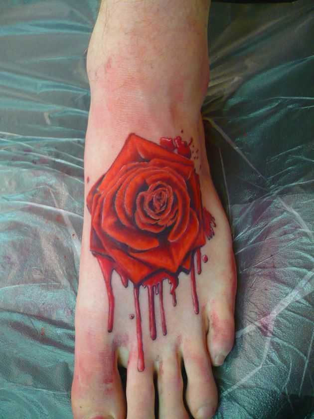 Bleeding Red Rose Tattoo On Foot