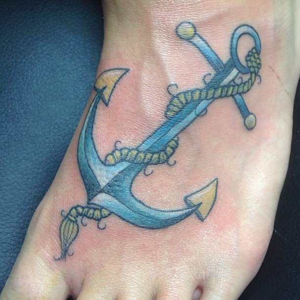 Blue Anchor With Rope Tattoo On Foot