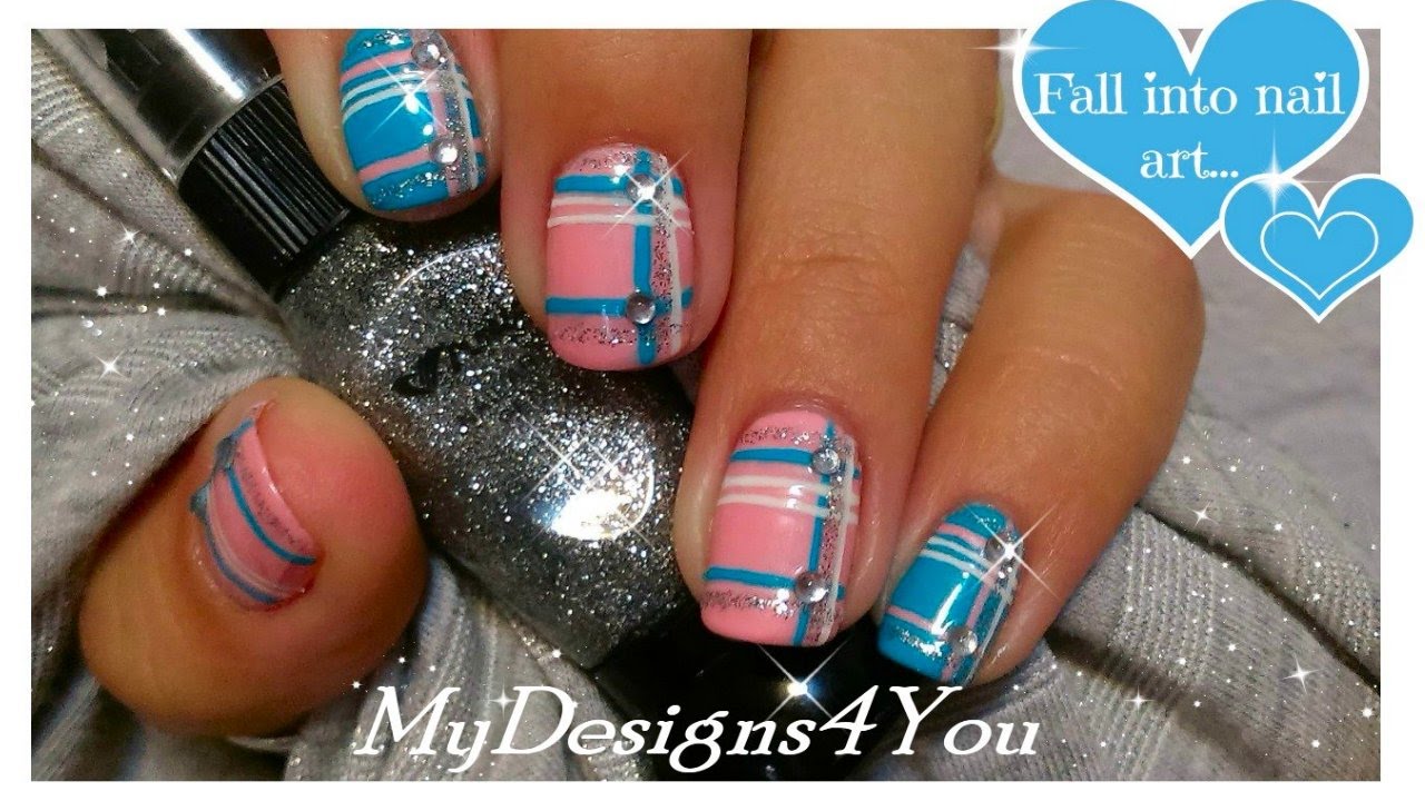 Blue And Pink Plaid Nail Art Design With Rhinestones Tutorial Video