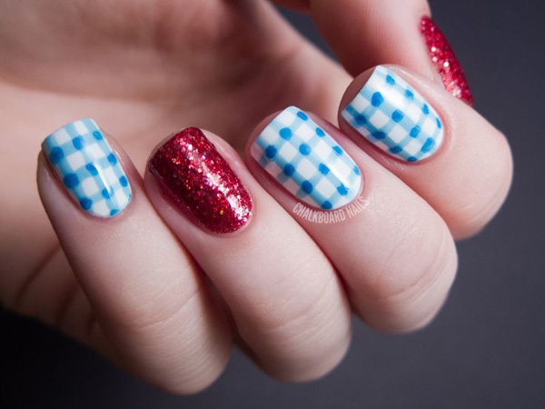 Blue And White Gingham Nail Art With Accent Red Glitter Gel Design