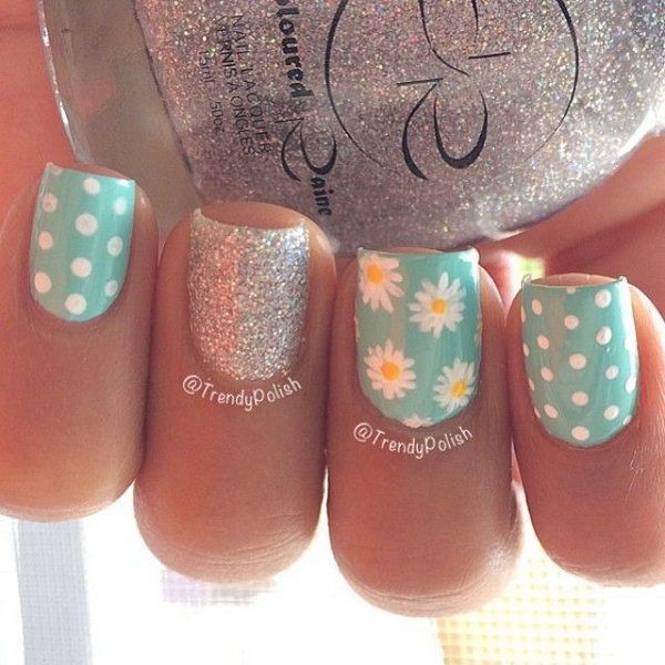Blue Base Nails With White Spring Flowers And Dots Design Idea