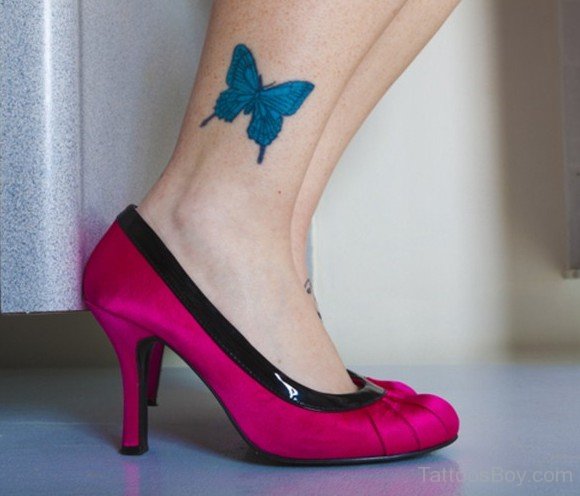 Blue Butterfly Tattoo On Girl Ankle