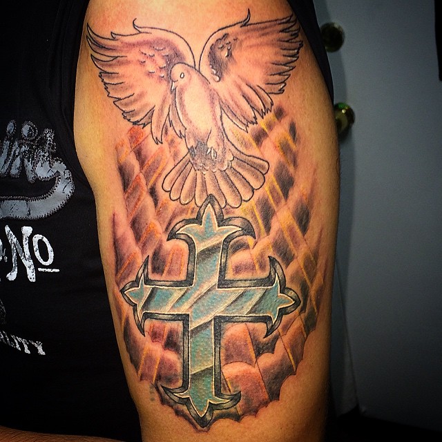 Blue Cross And Dove Tattoo on Left Half Sleeve